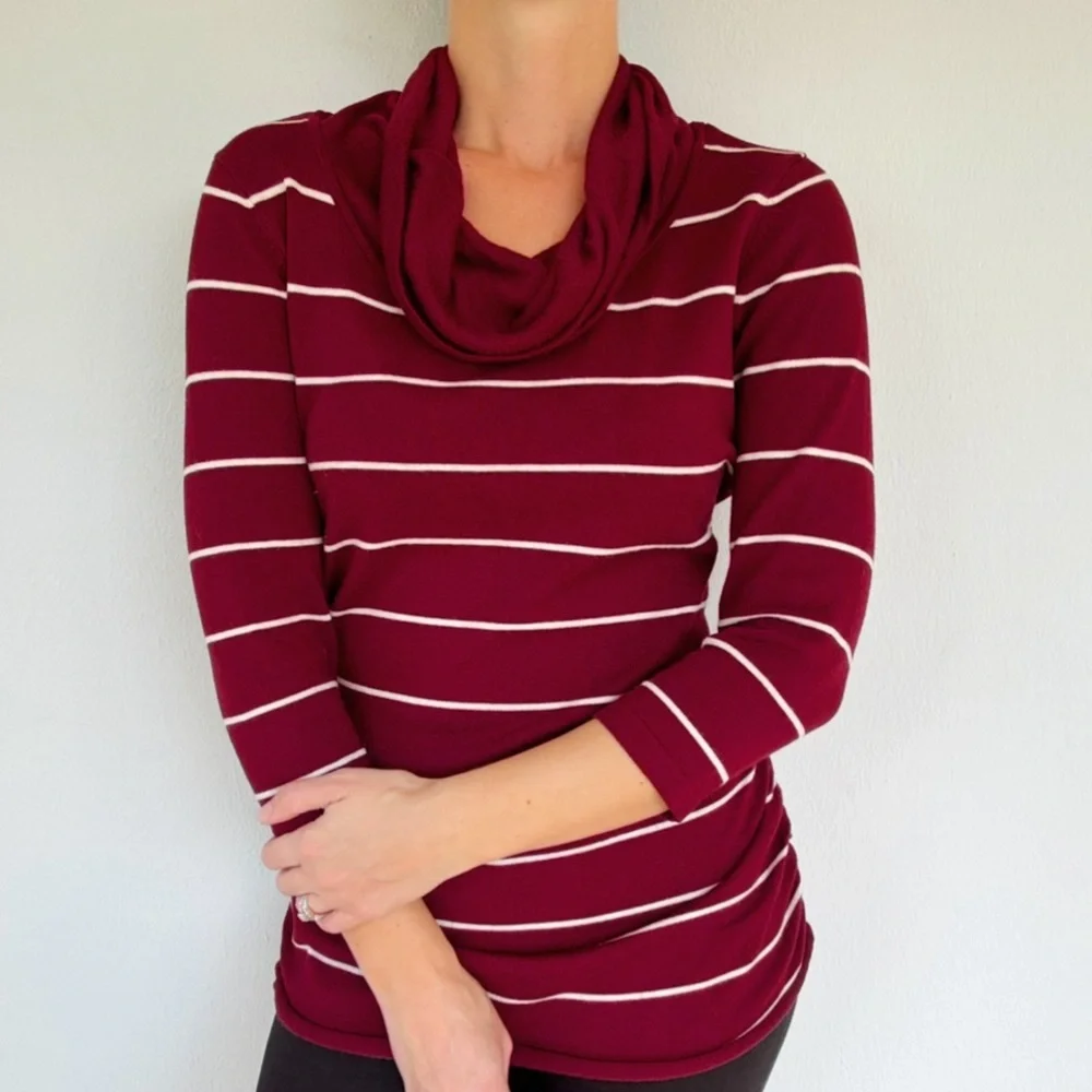 Pink Rose maroon white stripe cowl neck 3/4 sleeve long tunic sweater size large